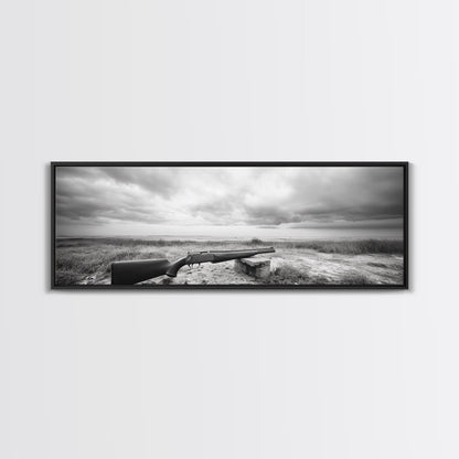 Coastal Rifle Scene, Outdoorsman Decor, Field and Sky Black and White Framed Canvas Print, Autumn Cabin or Lodge Wall Art