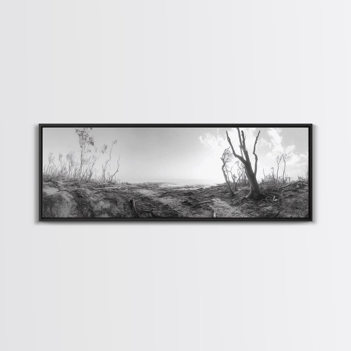 Windswept Coastal Trees, Driftwood Beach Landscape, Black White Canvas Print, Autumn Wall Art, Nature-Inspired Living Room Decor