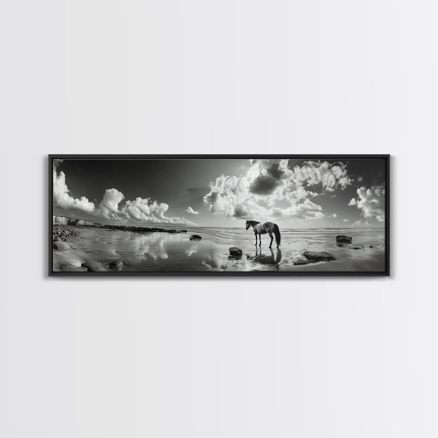 Beach Horse Reflection, Coastal Freedom, Wild Spirit Scene, Framed Canvas Print, Western Bathroom Art, Minimalist Beach House Decor