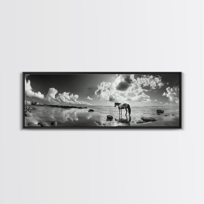 Beach Horse Reflection, Coastal Freedom, Wild Spirit Scene, Framed Canvas Print, Western Bathroom Art, Minimalist Beach House Decor
