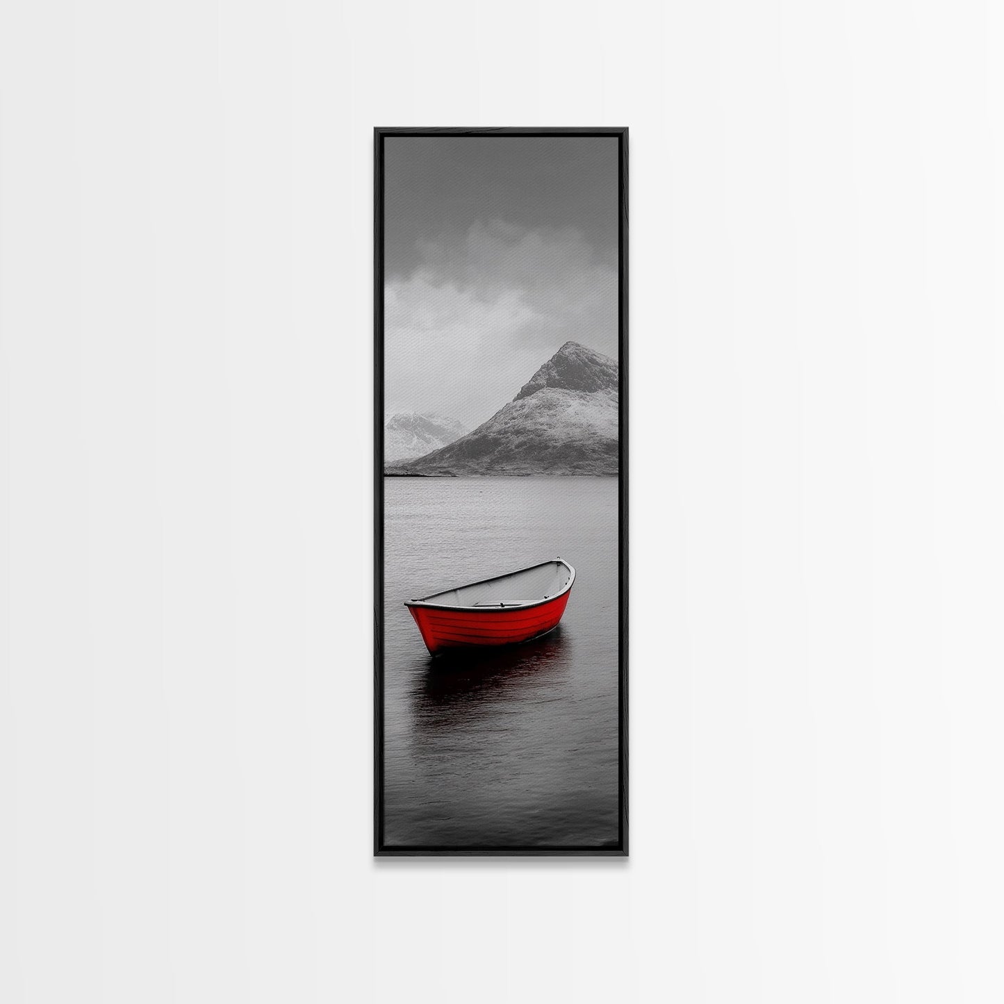 Red Boat, Serene Waters, Mountain Reflection, Winter Landscape – Framed Canvas Print, Minimalist Wall Art, Bedroom Decor, Nature Tranquility
