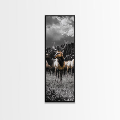 Majestic Elk, Forest Wildlife, Autumn Scene, Nature Herd, Framed Canvas Print, rustic lodge decor, cabin wall art, woodland style