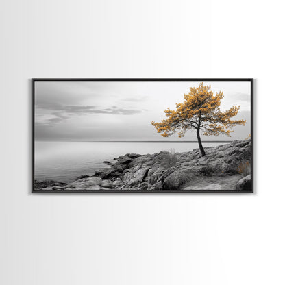 Yellow Tree, Rocky Coast, Minimal Landscape, Ocean Breeze – Canvas Print, Zen Wall Art, Nature Minimalist Decor, Scandinavian Interior