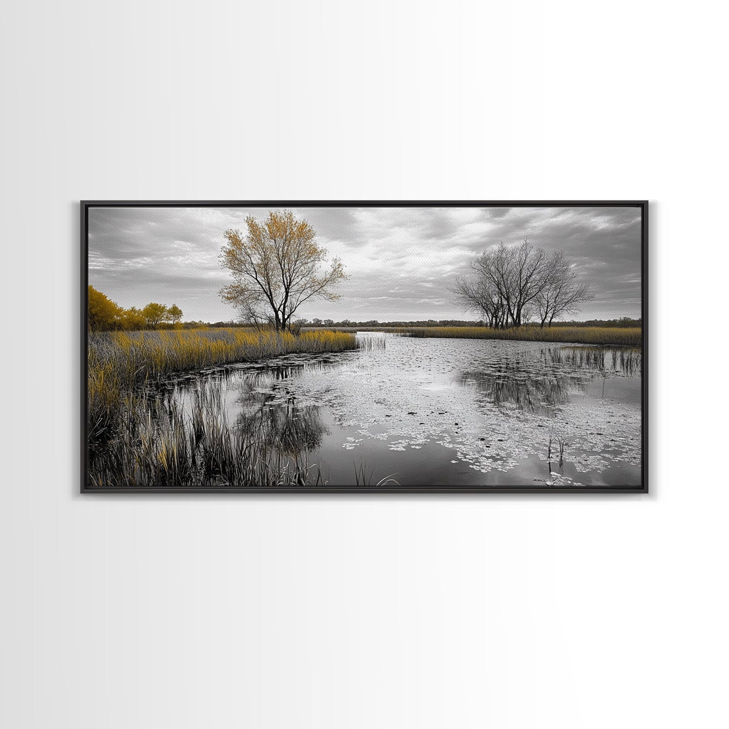 Lily Pond Trees, Serene Reflection, Autumn Landscape, Calm Water Scene, Framed Canvas Print, Nature Wall Art, Fall Living Room Decor