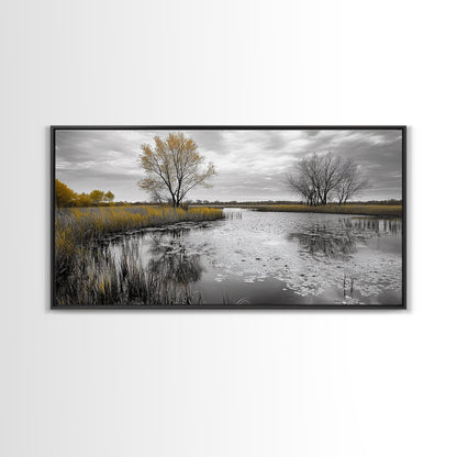 Lily Pond Trees, Serene Reflection, Autumn Landscape, Calm Water Scene, Framed Canvas Print, Nature Wall Art, Fall Living Room Decor