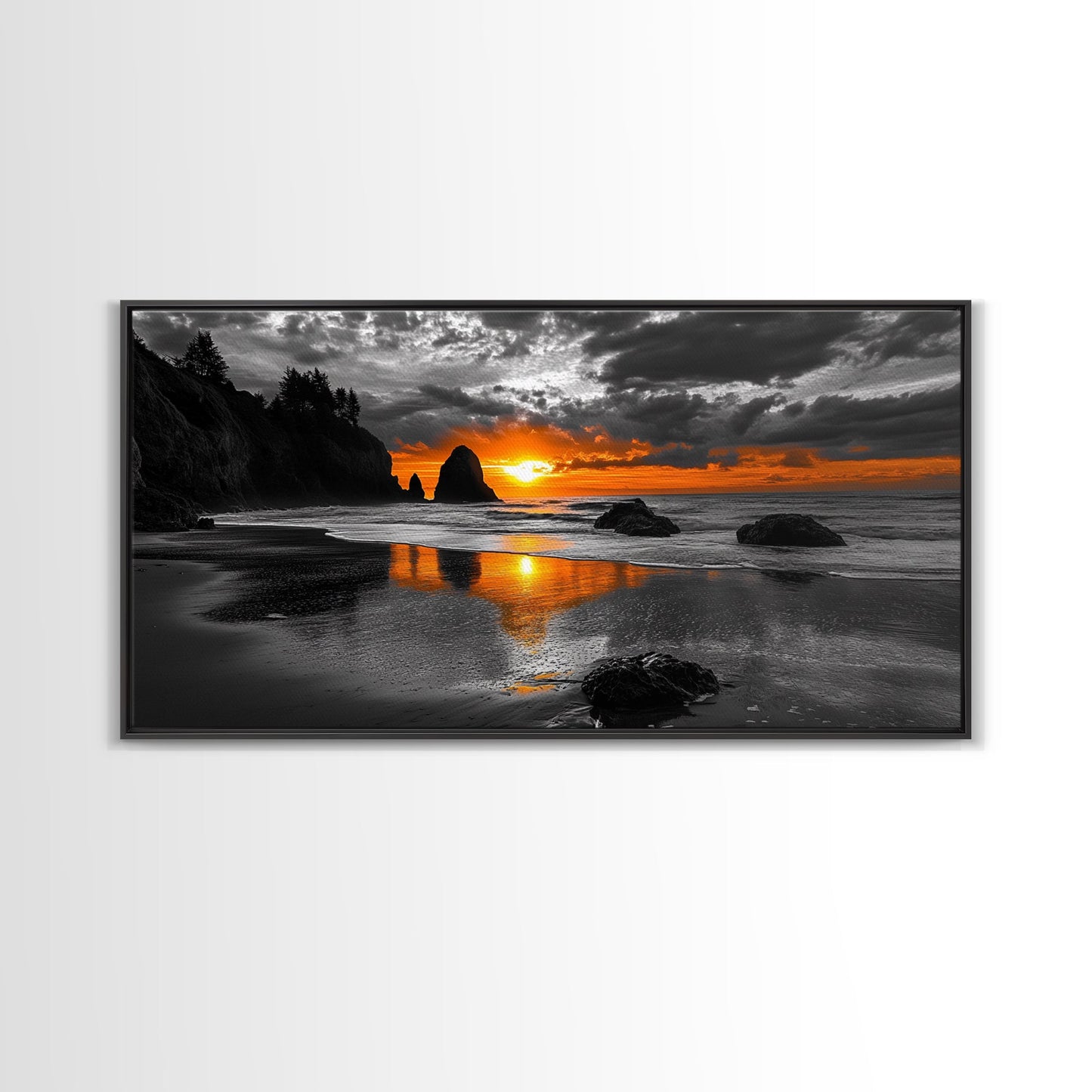 Sunset Beach, Fiery Sky, Ocean Glow, Moody Seascape, Framed Canvas Print coastal living room wall art, dramatic sunset photography