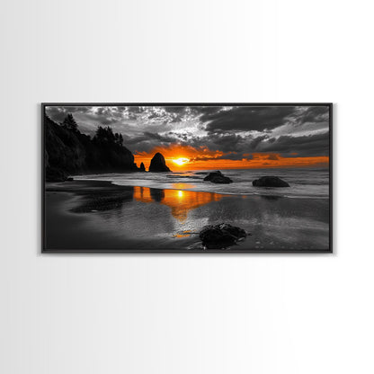 Sunset Beach, Fiery Sky, Ocean Glow, Moody Seascape, Framed Canvas Print coastal living room wall art, dramatic sunset photography