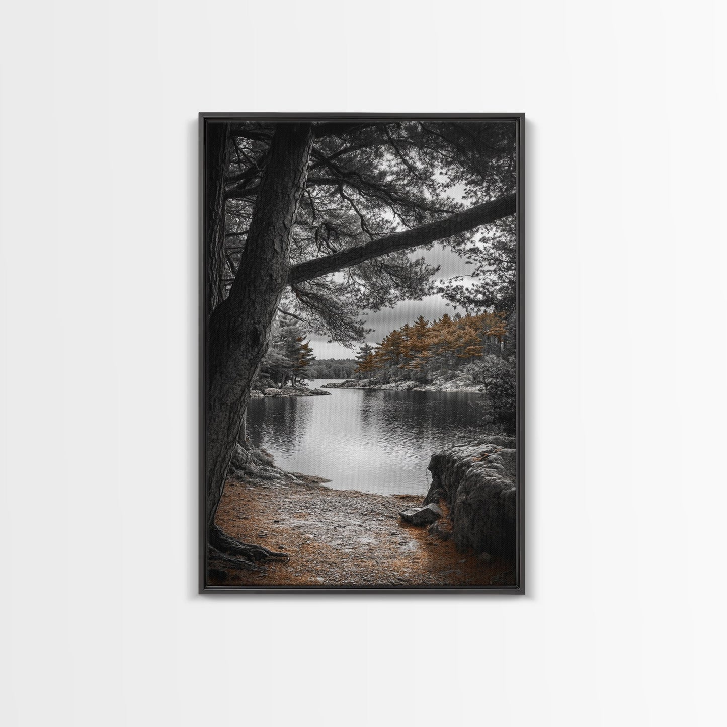 Autumn Forest Lake, Nature Photography, Scenic Landscape, Canvas Print, Rustic Cabin Decor, Neutral Tones, Bedroom Wall Art, Outdoor Art