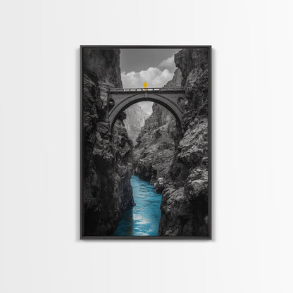 Canyon Bridge, Blue River, Yellow Figure, Framed Canvas Print, Bold Color Photography, Dramatic Landscape, Office Statement Art