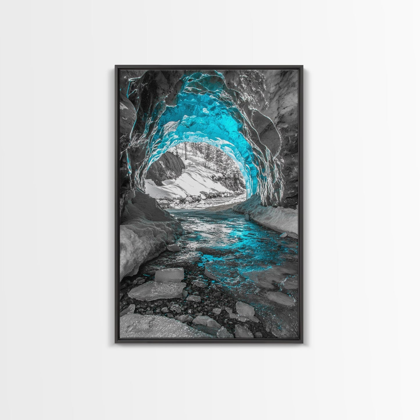 Blue Ice Cave, Winter Tunnel, Arctic Wonderland, Framed Canvas Print, Nature Wall Art, Minimalist Photography, Cool Tone Decor