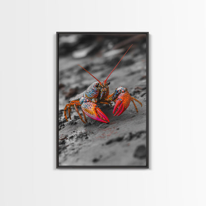 Colorful Lobster, Beach Wildlife, Close-Up Macro Art, Framed Canvas Print, Kitchen Wall Art, Coastal Marine Decor, Vibrant Style