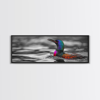 Colorful Loon, Rainbow Feathers, Water Splash, Unique Wildlife, Framed Canvas Print, Bathroom Wall Art, Eclectic Style, Birdwatcher Gift