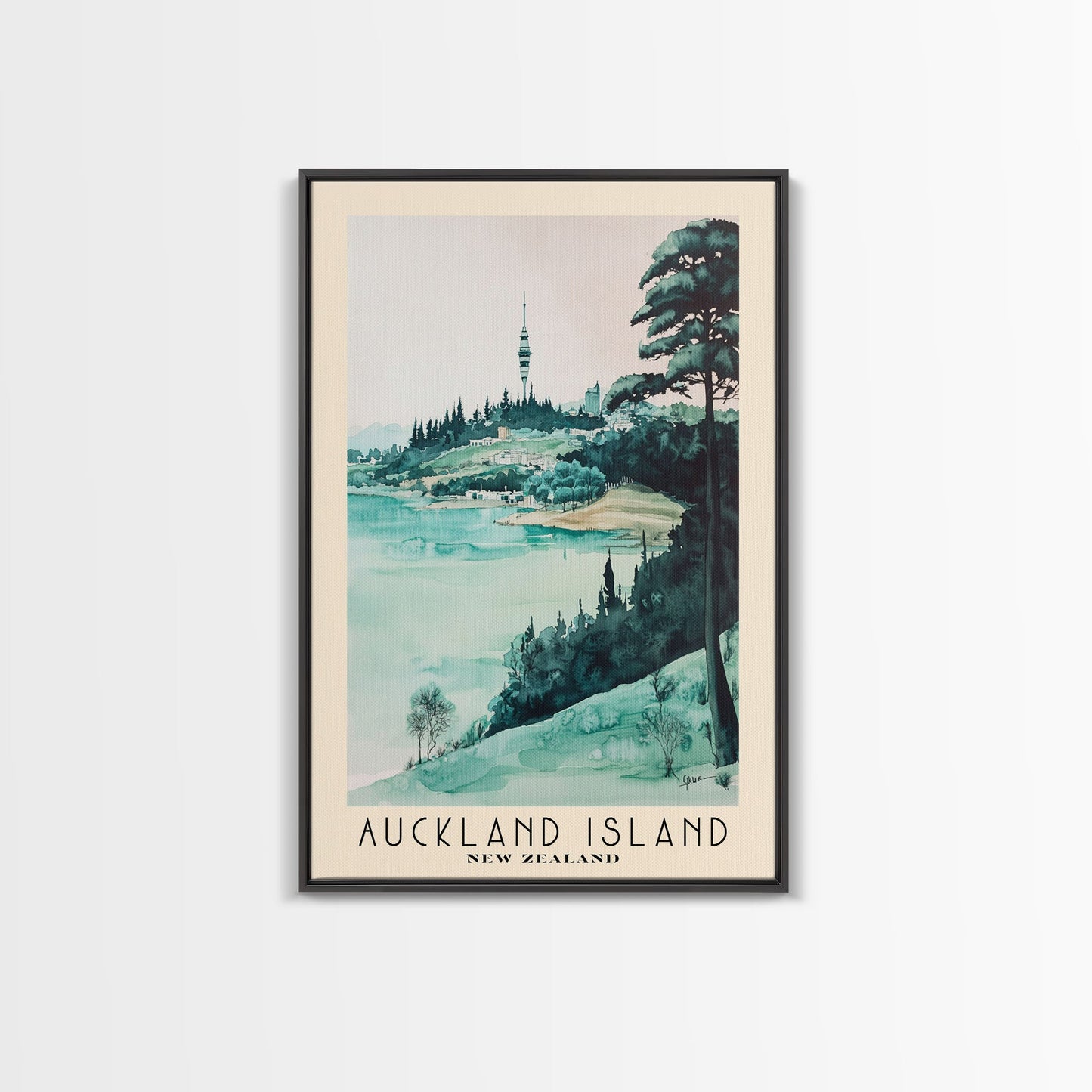 Auckland Island, New Zealand Watercolor Print, Vacation Gift, New Zealand Wall Art, Beach Painting, Beach Decor, Large Wall Art, Wood Frame Art