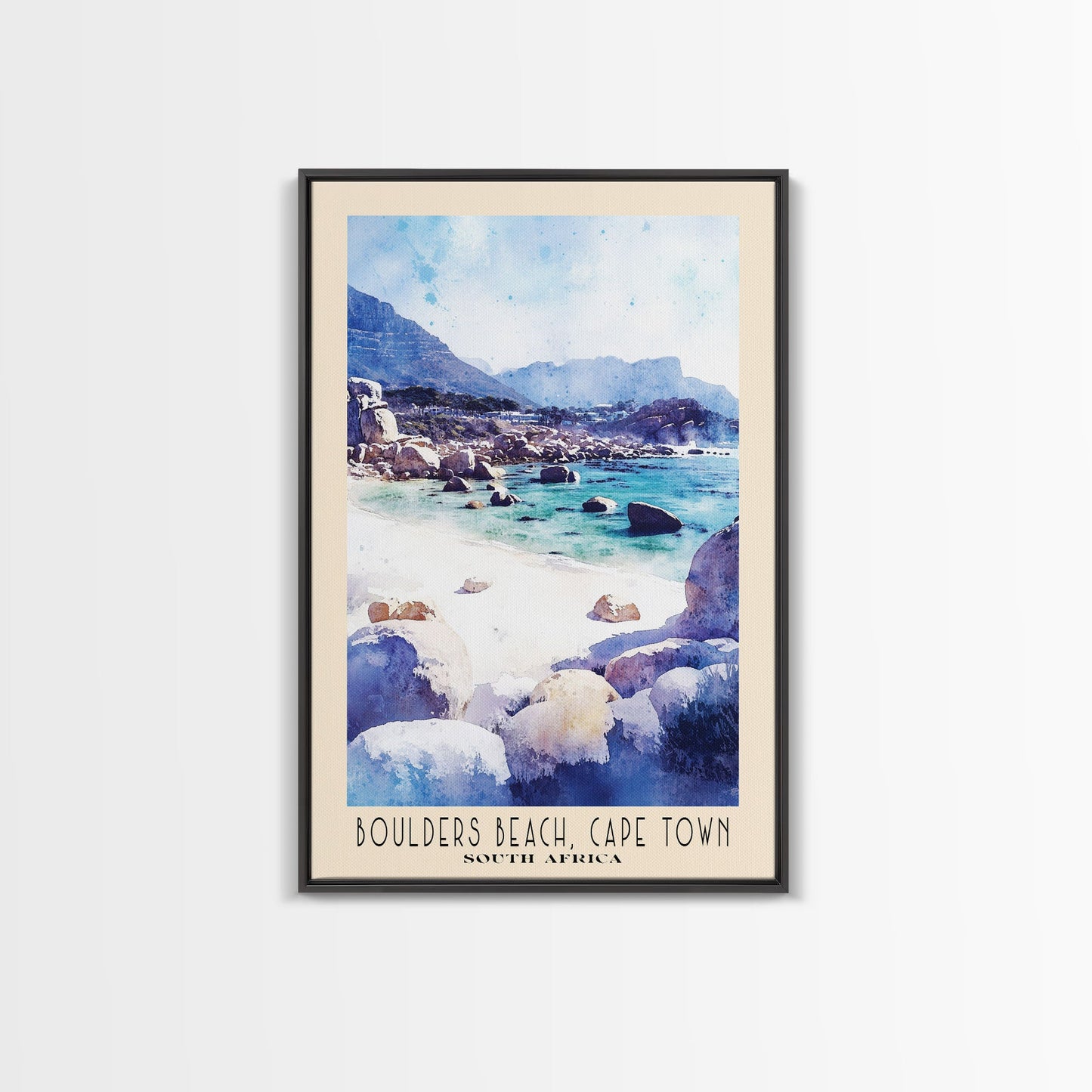 Boulders Beach, Cape Town, South Africa Watercolor Print, Vacation Gift, South Africa Wall Art, Beach Painting, Beach Decor, Large Wall Art, Wood Frame Art