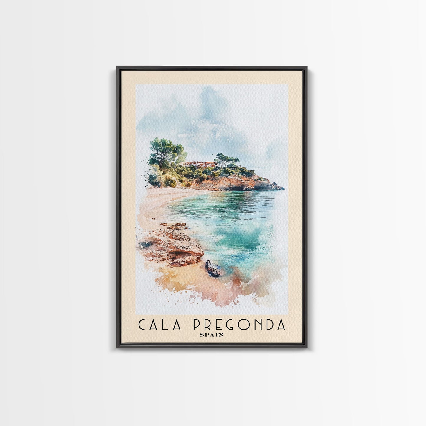Cala Pregonda, Spain Watercolor Print, Vacation Gift, Spain Wall Art, Beach Painting, Beach Decor, Large Wall Art, Wood Frame Art