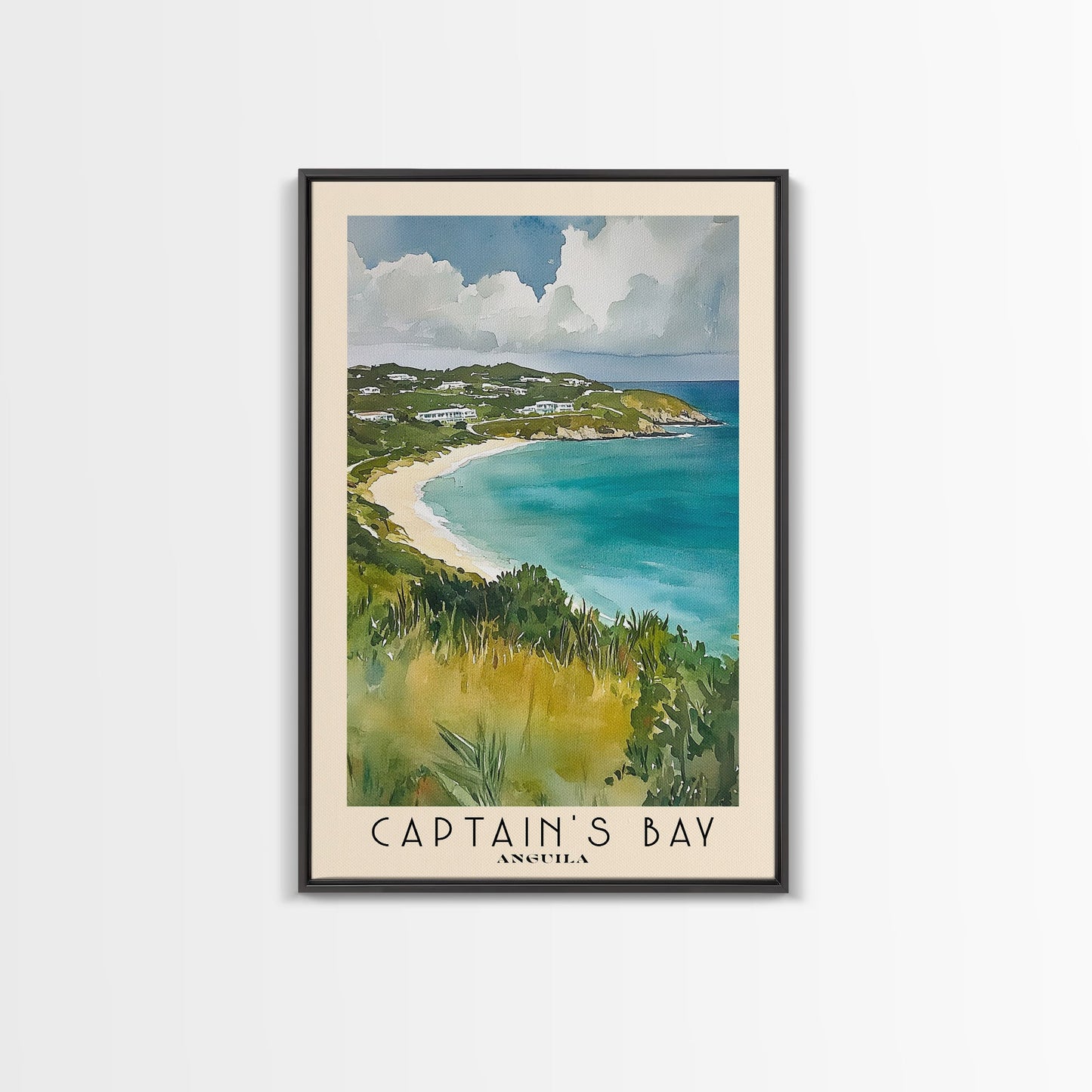 Captain's Bay, Anguila Watercolor Print, Vacation Gift, Anguila Wall Art, Beach Painting, Beach Decor, Large Wall Art, Wood Frame Art