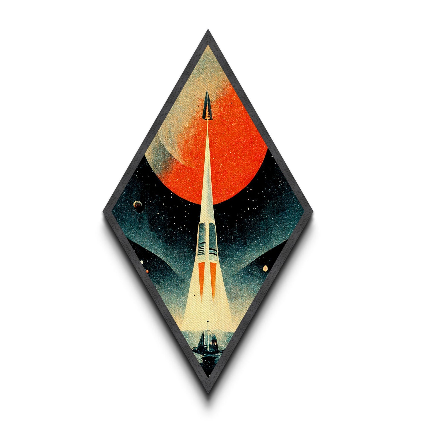 Rocket Launch Scene Diamond Shaped Canvas Textured Print, Retro Futurism Sci-Fi Wall Art, Outer Space Travel Vintage Poster