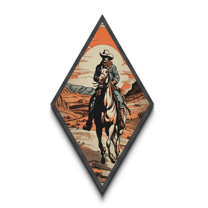 Canyon Trail Cowboy Ride Diamond Shaped Canvas Textured Print — Southwestern Western Wall Art Desert Horse Scene Rustic Ranch Decor