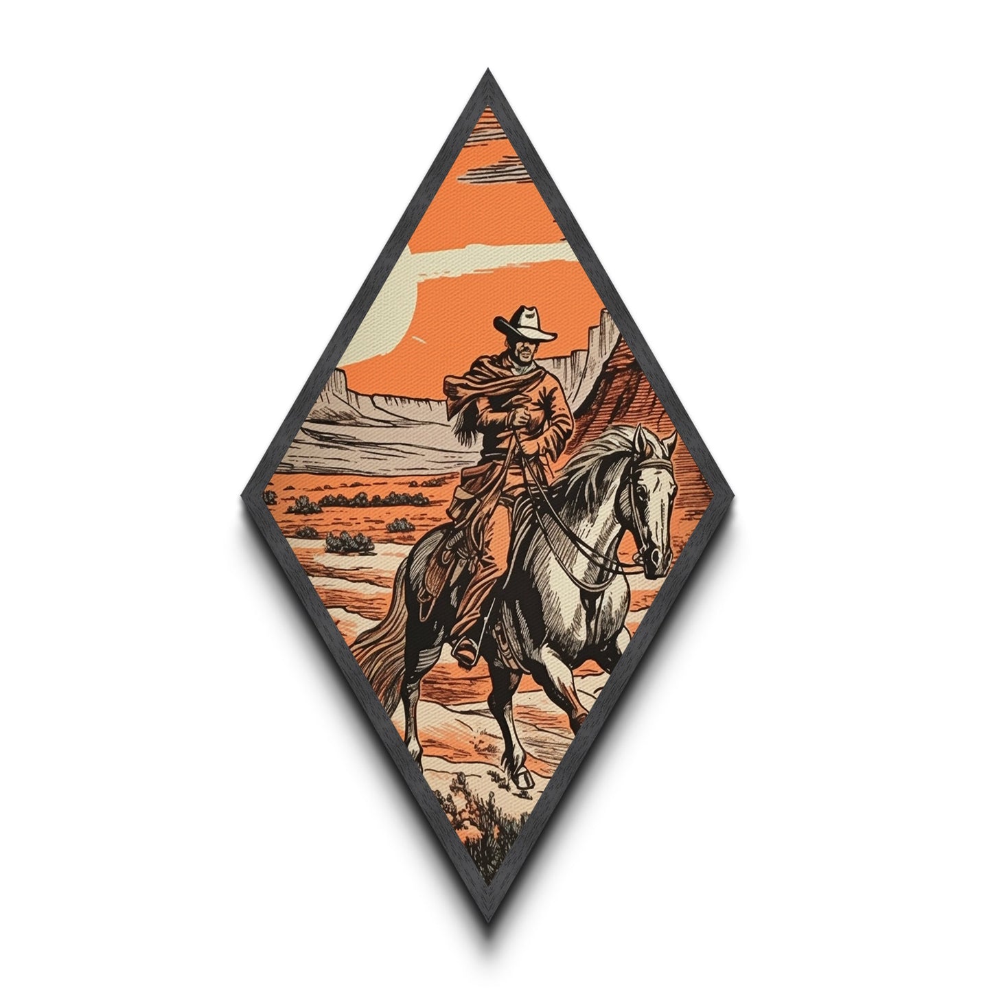Cowboy Under Canyon Sun Diamond Shaped Canvas Embossed Print — Retro Western Wall Art Horseback Desert Scene Country Cabin Decor