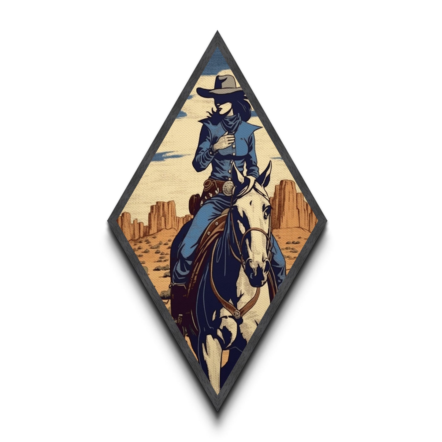 Desert Cowgirl Vibes Diamond Shaped Western Canvas Art Print with Horseback Rider in Blue Outfit Retro Country Rodeo Woman Home Accent