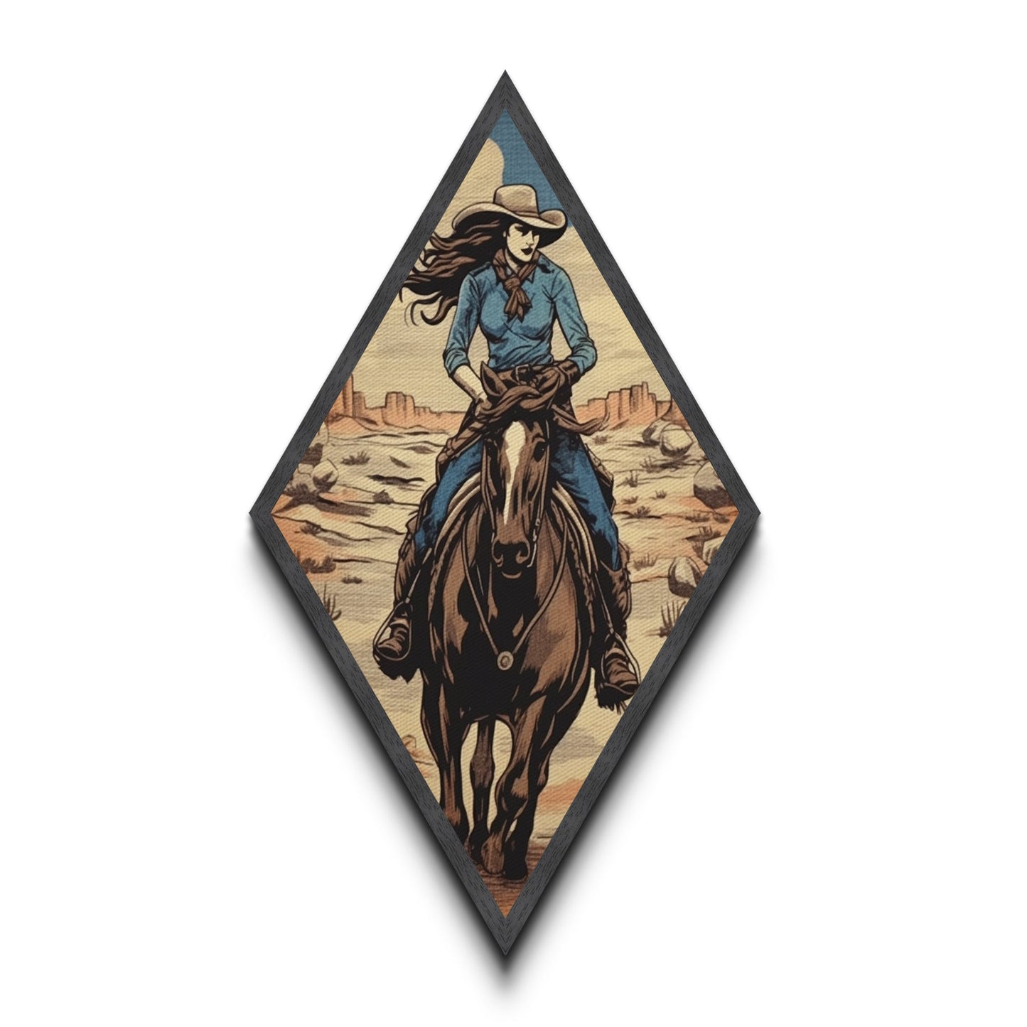 Sunset Cowgirl Ride Diamond Shaped Retro Western Canvas Textured Print Female Rider on Horseback Desert Scenic Illustration Wall Art