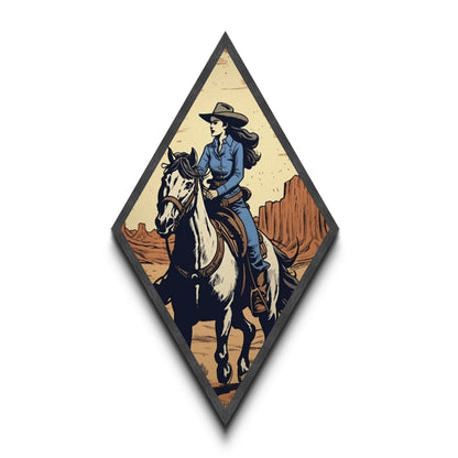 Trailblazing Cowgirl Diamond Shaped Western Wall Art Canvas Embossed Print Horseback Desert Landscape Rustic Country Home Decor