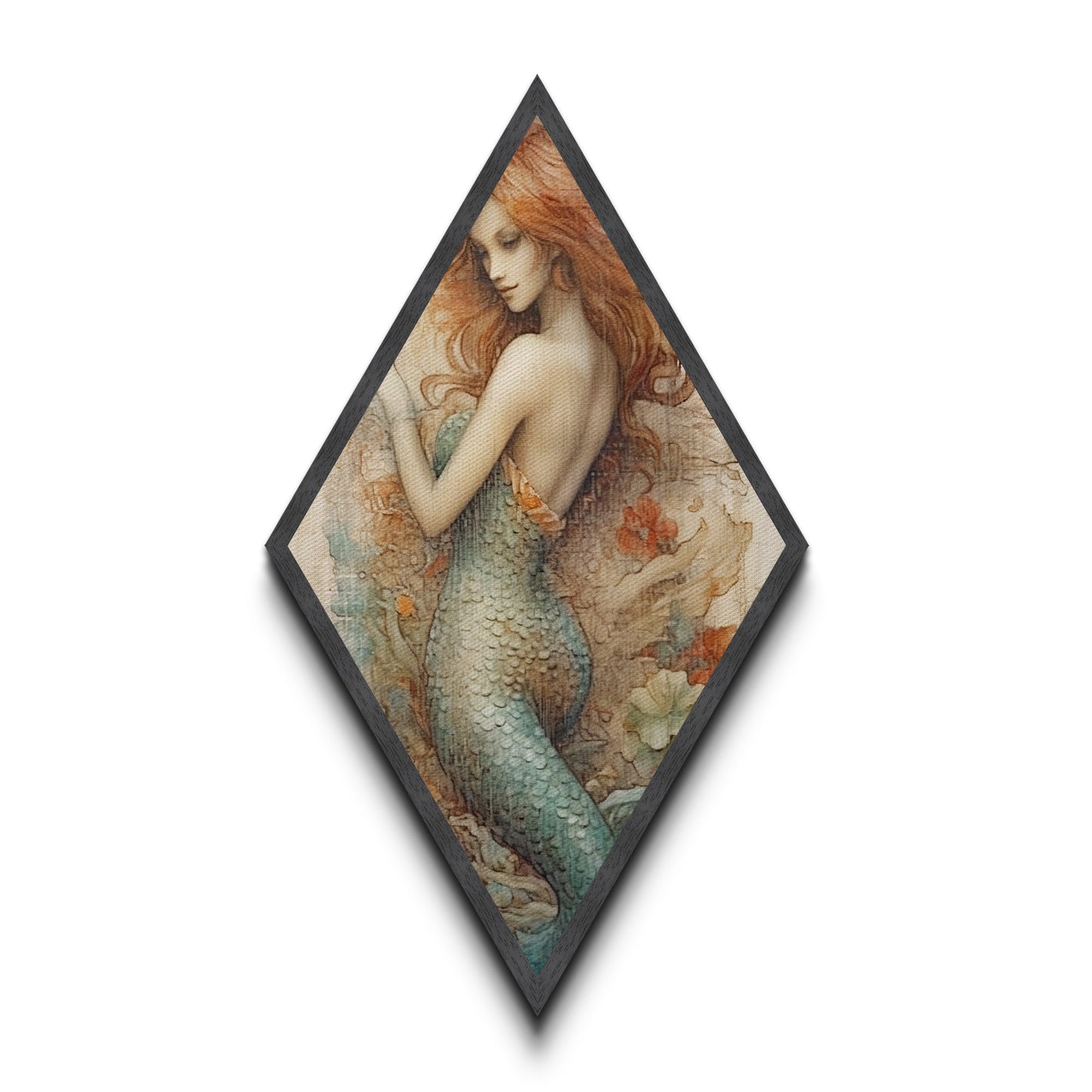 Enchanted Mermaid Muse Diamond Shaped Ocean Fantasy Wall Art Canvas Textured Print Mythical Sea Maiden Vintage Illustration