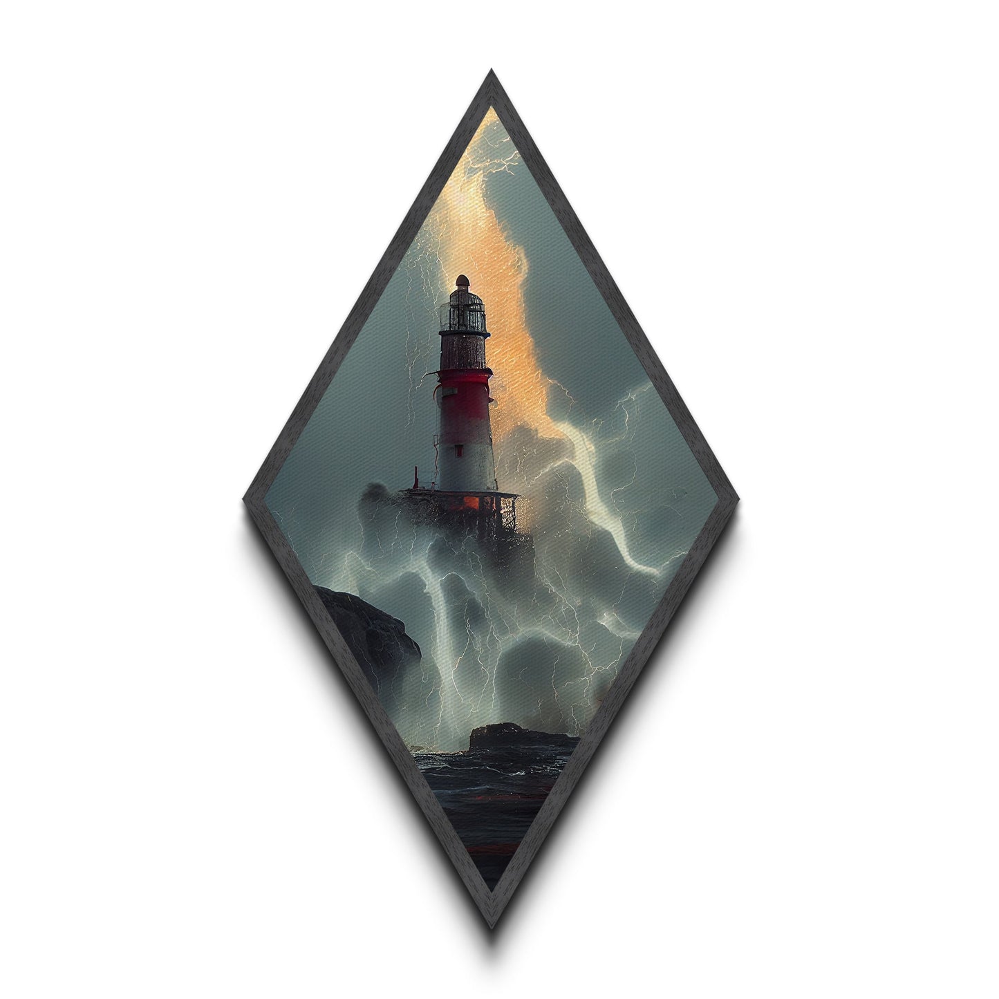 Lighthouse Tempest Fury Diamond Shaped Stormy Sea Wall Art Canvas Embossed Print Dramatic Nautical Lightning Ocean Decor