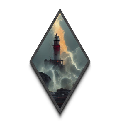 Lighthouse Tempest Fury Diamond Shaped Stormy Sea Wall Art Canvas Embossed Print Dramatic Nautical Lightning Ocean Decor