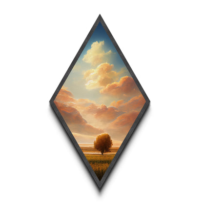 Golden Prairie Tree Diamond Shaped Serene Landscape Scene Canvas Art Print Peaceful Field Skies Rustic Nature Wall Decor