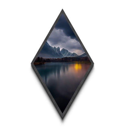 Thunder Peak Reflection – Diamond Shaped Stormy Lake Mountains Canvas Textured Print, Moody Scenic Nature Wall Art, Atmospheric View