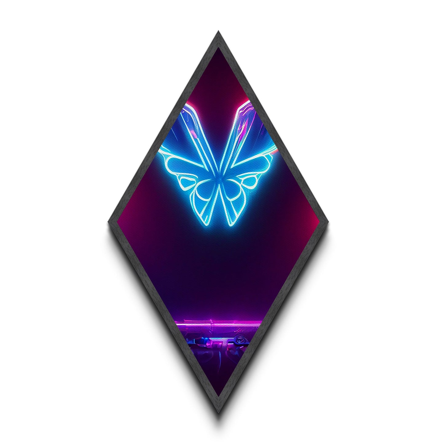 Neon Butterfly Pulse – Diamond Shaped Futuristic Glow Canvas Embossed Print, Cyberpunk Wall Art, Vaporwave Lighting Aesthetic