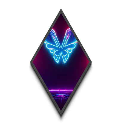 Neon Butterfly Pulse – Diamond Shaped Futuristic Glow Canvas Embossed Print, Cyberpunk Wall Art, Vaporwave Lighting Aesthetic