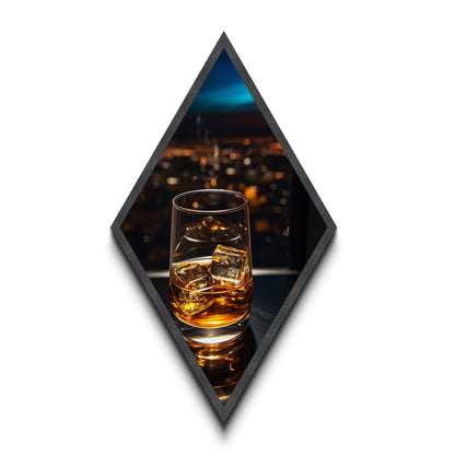 City Lights Whiskey – Diamond Shaped Canvas Embossed Print Nightlife Bar Art, Modern Whiskey Glass Wall Decor, Urban Evening Cocktail Vibe