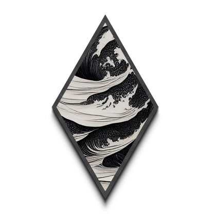 Monochrome Wave Fury – Diamond Shaped Japanese Style Ocean Print Canvas Textured Print, Bold Black and White Wall Art, Ink Style Sea