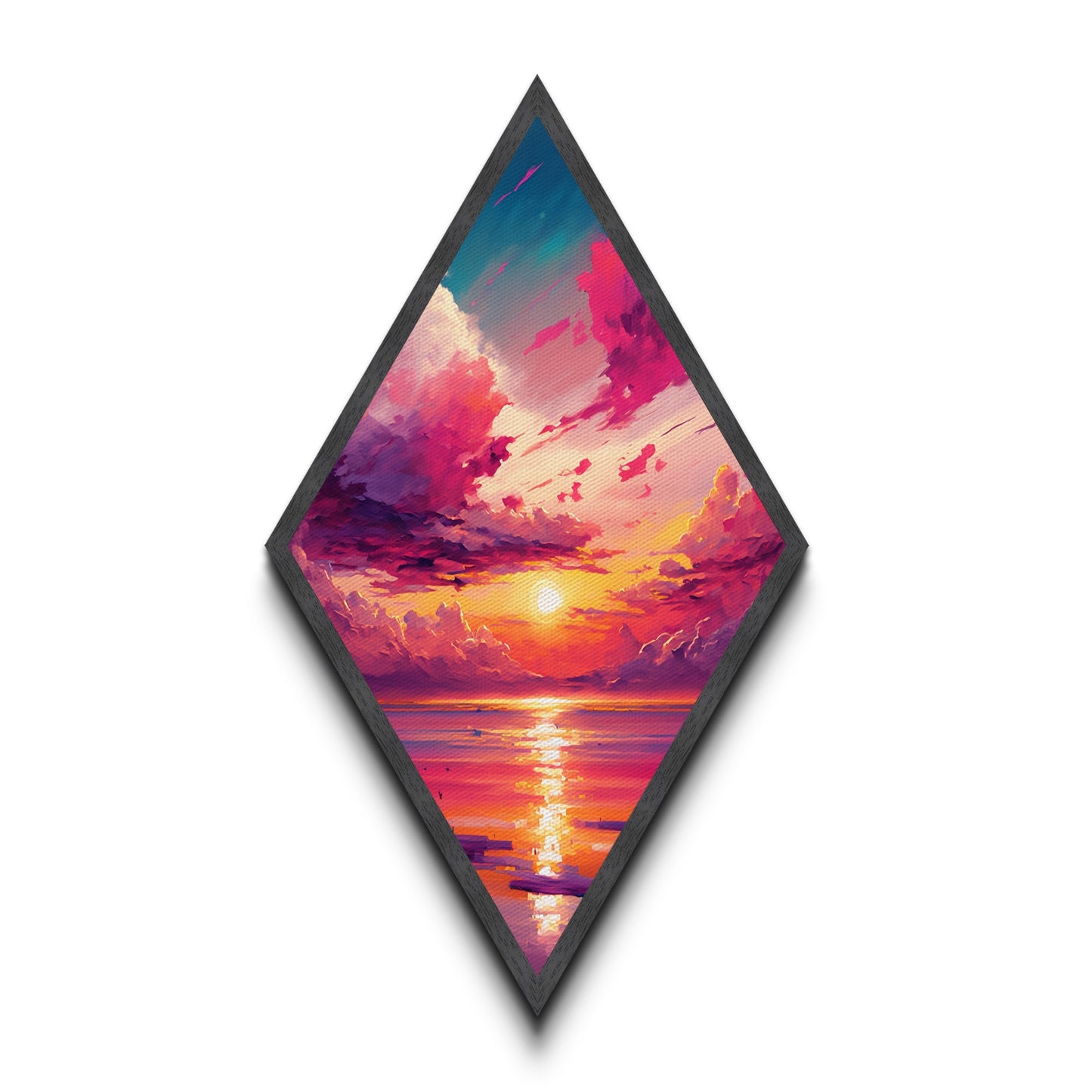 Sunset Dream Sky – Diamond Shaped Canvas Art Print with Colorful Cloudscape, Ocean Reflection Wall Decor, Tropical Sunrise Painting