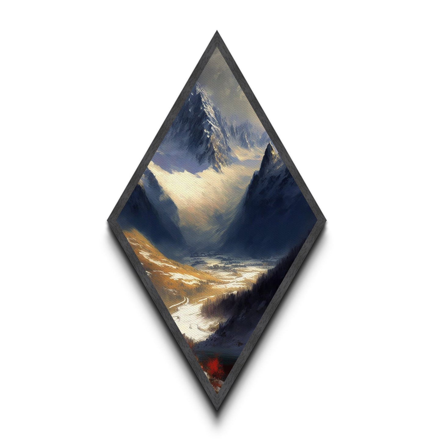 Alpine Valley Peaks Diamond Shaped Canvas Art Print, Snowy Mountain Scenic Wall Decor, Wilderness Landscape Nature Painting