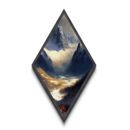 Alpine Valley Peaks Diamond Shaped Canvas Art Print, Snowy Mountain Scenic Wall Decor, Wilderness Landscape Nature Painting