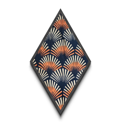 Retro Fan Pattern – Diamond Shaped Canvas Textured Print Mid Century Modern Wall Decor, Navy Orange Abstract Textile Style, Bold Boho Vibes