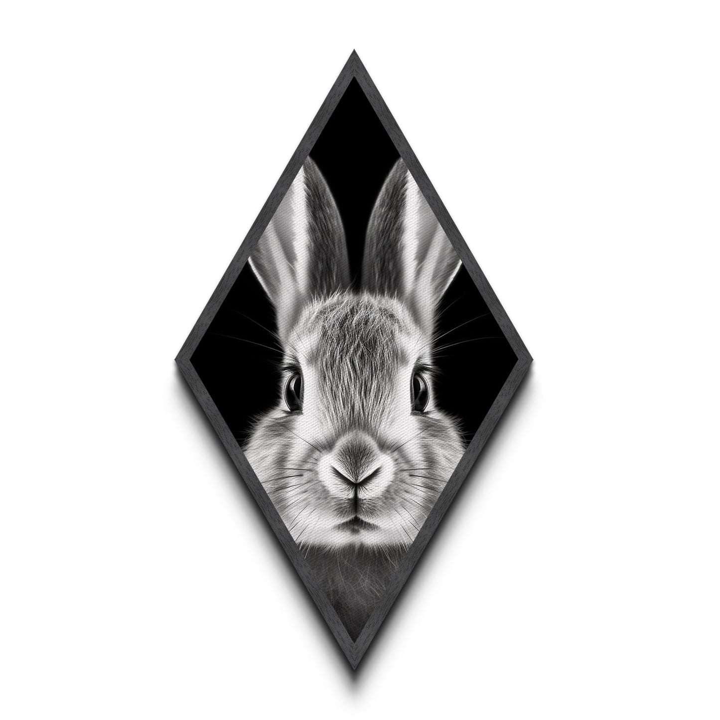 Curious Bunny Face Diamond Shaped Canvas Textured Print, Black and White Rabbit Animal Art, Minimalist Pet Lover Wall Decor