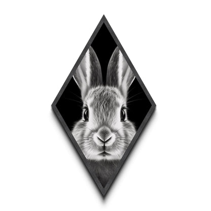Curious Bunny Face Diamond Shaped Canvas Textured Print, Black and White Rabbit Animal Art, Minimalist Pet Lover Wall Decor