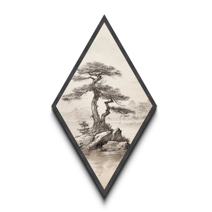 Funky Bonsai Tree Charcoal Sketch Canvas Art Print, Embossed Canvas Wall Art, Diamond Shaped Decor, Alternative Decor, Modern Art