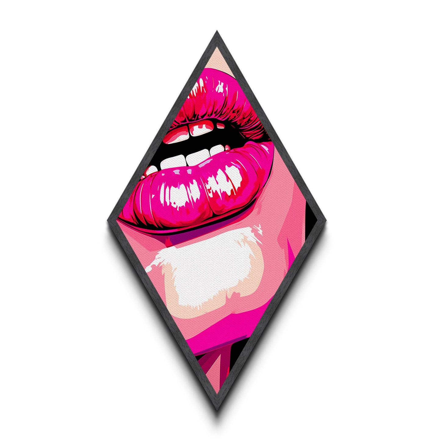 Glossy Pink Lips Biting – Canvas Art Print Bold Pop Art Diamond Wall Decor, Retro Comic Style, Lipstick Fashion Wall Accent, Neon Vibe