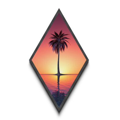 Synth Wave Palm Tree at Sunset, Framed Canvas Art, Wood Framed Canvas Texture Wall Art, Diamond Shaped Decor, Retro Wall Art