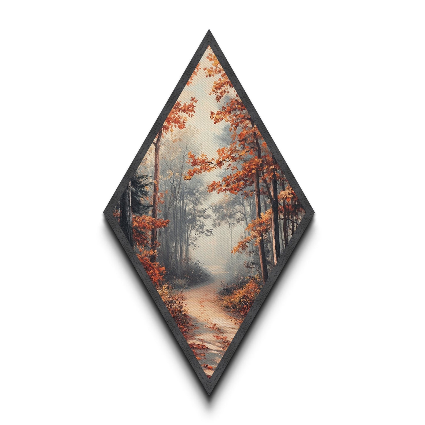 Diamond Shaped Autumn Forest Glow, warm foliage scenic Canvas Textured Print, cozy woodland path artwork, rustic fall home wall piece
