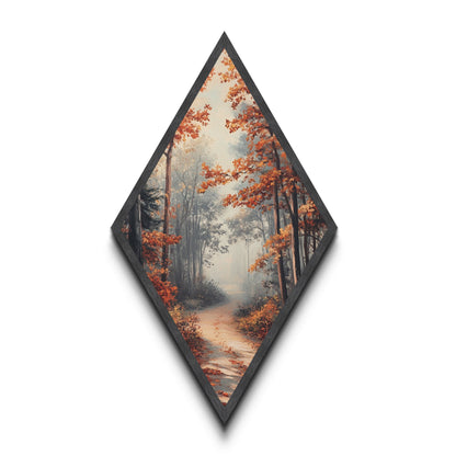 Diamond Shaped Autumn Forest Glow, warm foliage scenic Canvas Textured Print, cozy woodland path artwork, rustic fall home wall piece
