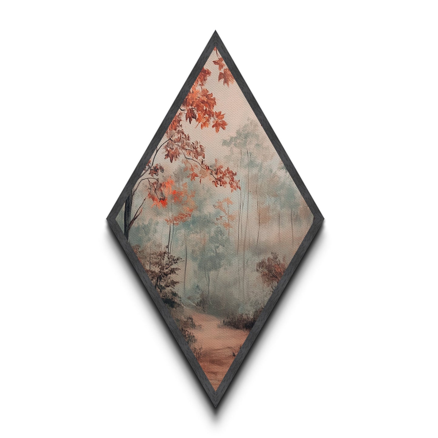 Diamond Shaped Misty Red Autumn Trees, peaceful morning woods Canvas Art Print, soft seasonal foliage decor, muted fall forest artwork