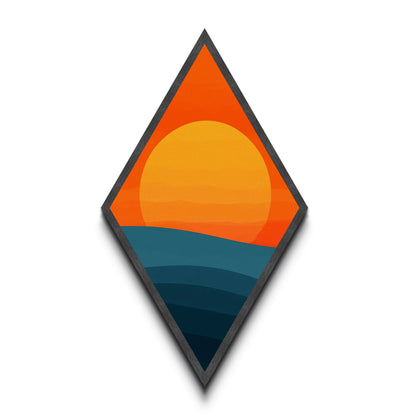 Sunset Radiance Horizon Diamond Shaped Canvas Textured Print with bold orange sun minimalist landscape warm earth tones geometric wall decor