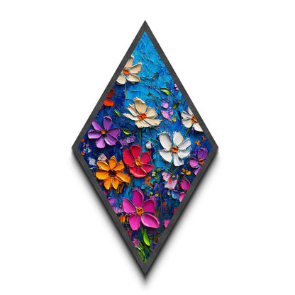 Blue Blossom Pop — Diamond Shaped Canvas Textured Print makes a lively statement in bathroom or hallway with bold floral palette knife design