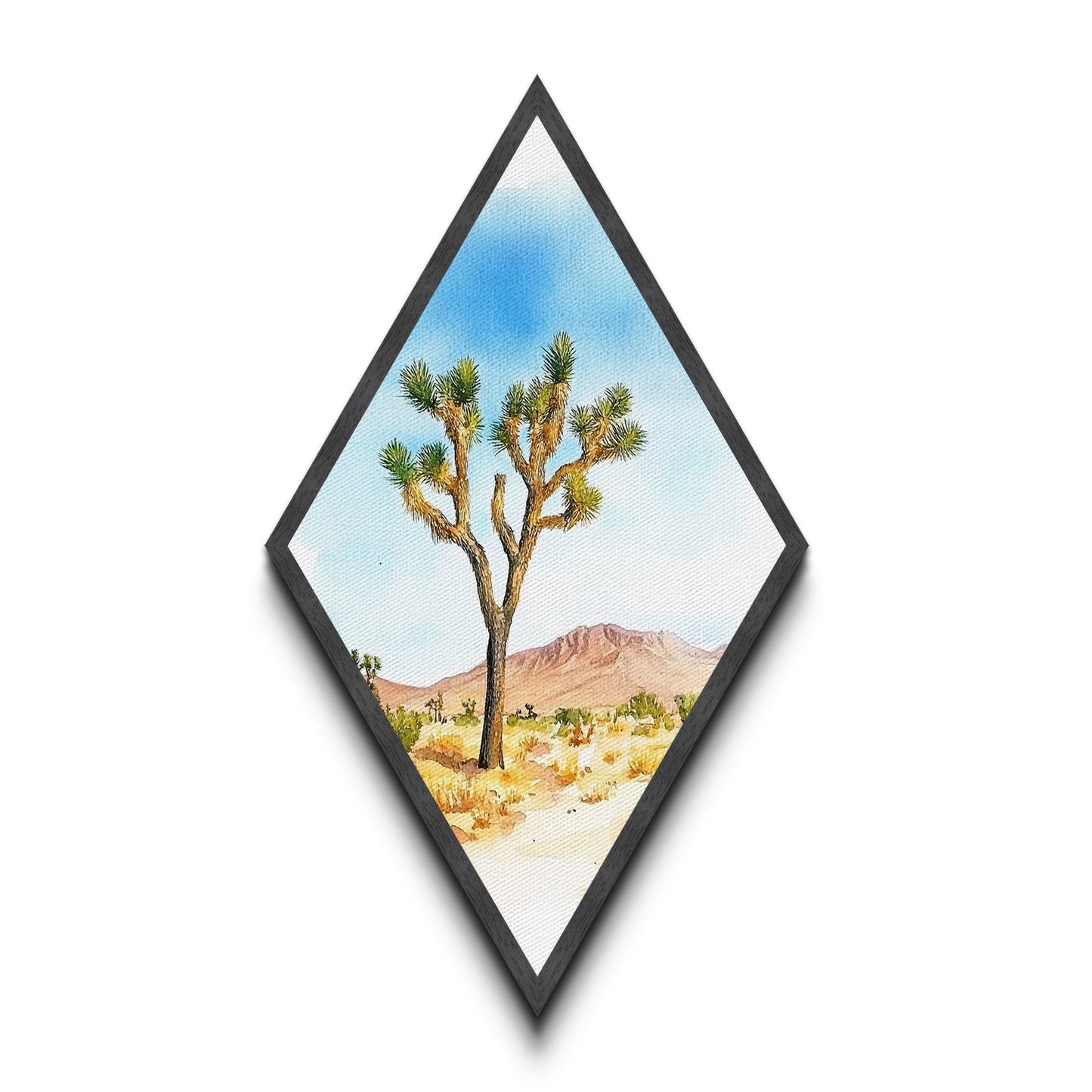 Mojave Tree Scene Diamond Shaped Canvas Textured Print, Watercolor Nature Landscape, Desert Mountain Western Wall Art